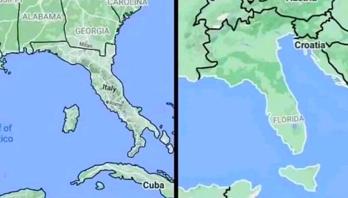 Side-by-side comparison of maps showing Italy shaped like Florida, illustrating funny bad map designs.