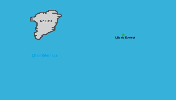Map showing an island labeled No Data and a small green dot named L’ile de Everest in a humorous bad maps style.