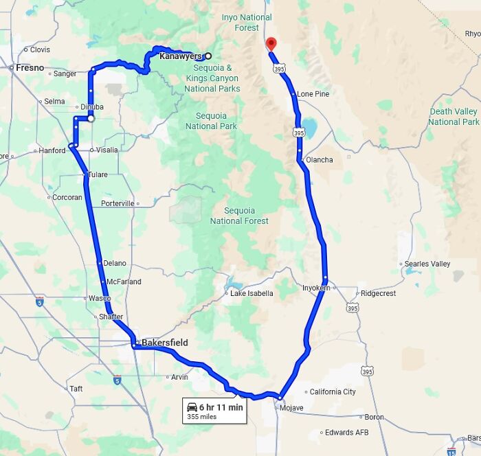 Map showing a long, unusual driving route through California near Sequoia and Death Valley National Parks.