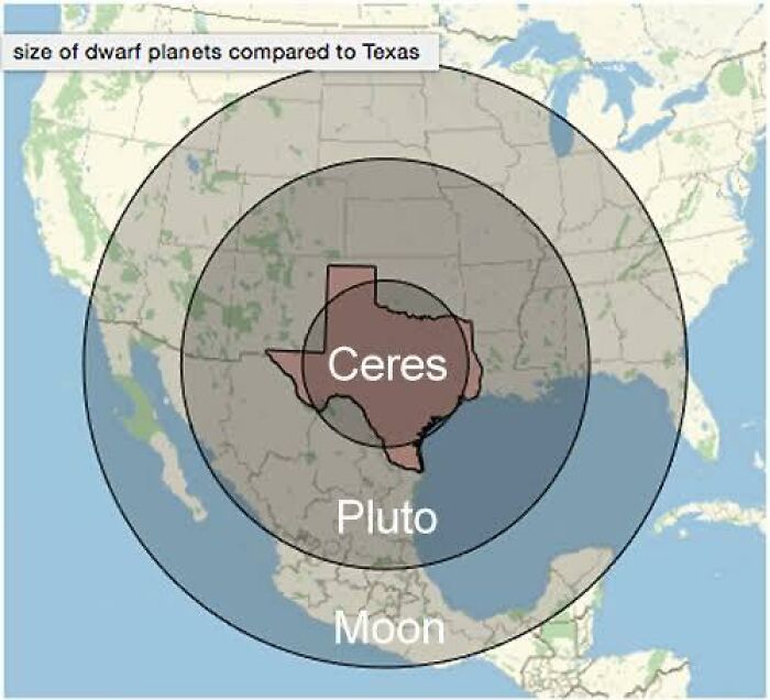 Map showing the size comparison of dwarf planets Ceres, Pluto, and Moon relative to Texas in a funny bad map style.