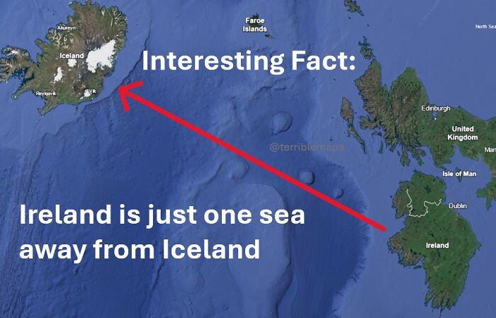 Map showing Iceland and Ireland with a red arrow, highlighting the funny and bad map fact about their close distance.