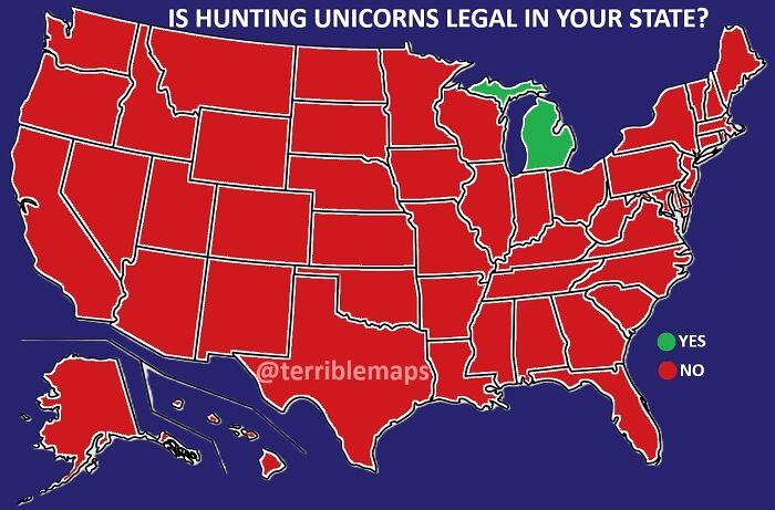 Map showing states where hunting unicorns is legal, highlighting the humorous and bad map from funny maps collection.