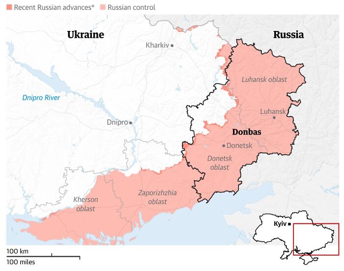 Map showing recent Russian advances and control in eastern Ukraine, highlighting Donbas region and surrounding oblasts.