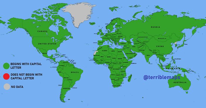 World map showing countries colored by whether their names begin with a capital letter, illustrating funny bad map errors.