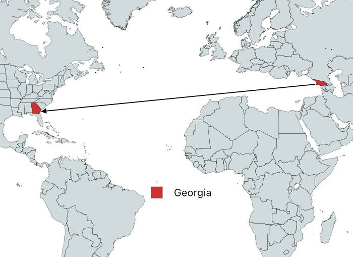 Map showing the confusion between Georgia in the USA and Georgia the country, highlighting funny and bad map errors.