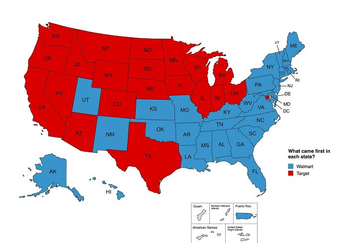US map showing states where Walmart or Target opened first, illustrating a funny and bad map example from 89 maps.