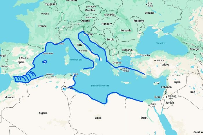 Map with humorously inaccurate borders drawn over the Mediterranean region showing funny and bad map distortions.