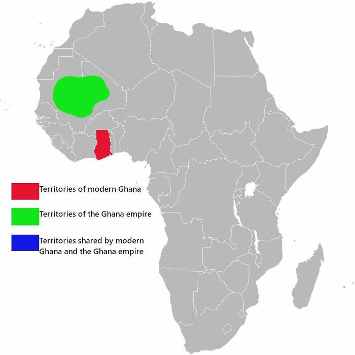 Map of Africa showing modern Ghana and the Ghana empire territories in red, green, and blue, a funny inaccurate map example.