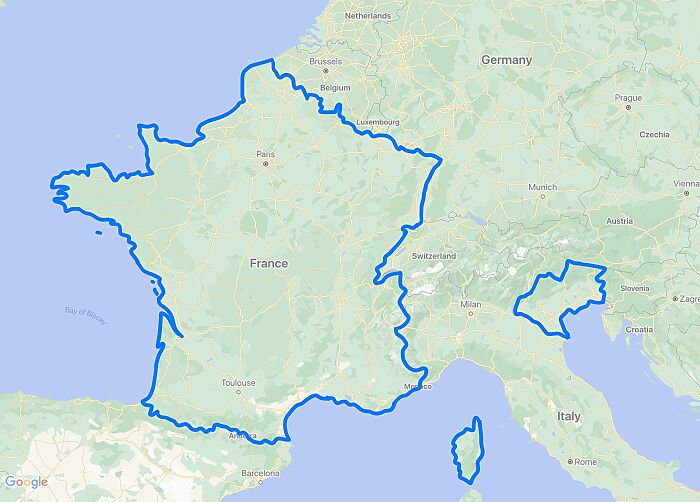Outline of France and an incorrectly large map area overlapping parts of Italy and Switzerland, a funny map error.