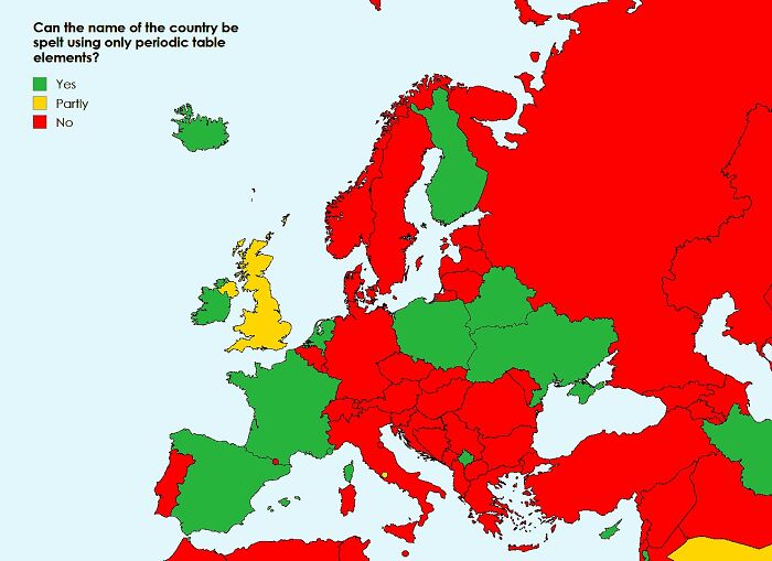 Map of Europe highlighting countries that can have their names spelled using only periodic table elements, color-coded for accuracy.