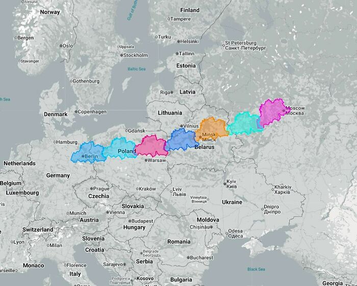 Map highlighting an oddly shaped route through Poland, Belarus, and Russia, showcasing funny and bad map design.