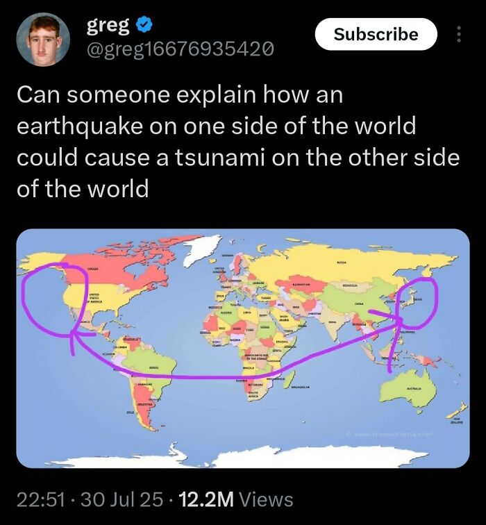 Twitter post questioning tsunami caused by earthquake, overlaid on a funny bad world map with inaccurate geography markings.