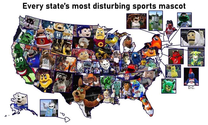 Map of the United States showing each state's most disturbing sports mascot in a funny and bad design style.