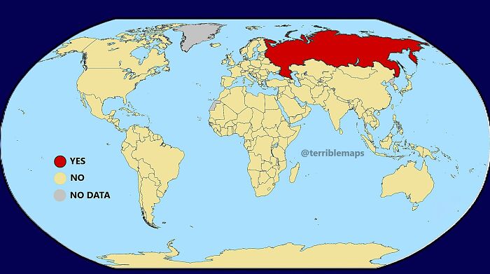 World map highlighting countries with yes, no, and no data categories in a humorous and inaccurate style.