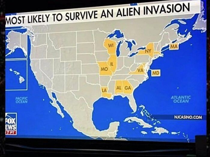Map highlighting US states most likely to survive an alien invasion, featuring a humorous and poorly designed map layout.