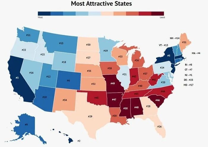Map showing the ranking of most attractive states in the US with color gradients from most to least attractive.