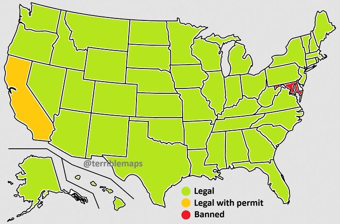 Map of US states showing legality status with color codes, an example of a funny and bad map from terrible maps collection.