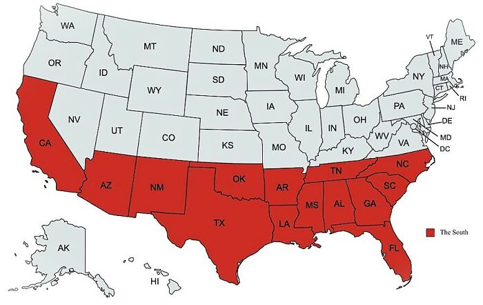 Map of the United States highlighting southern states in red, showcasing a humorous take on regional boundaries.