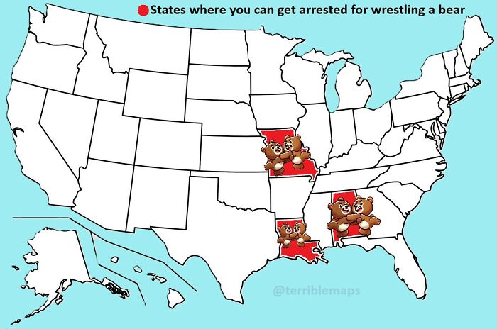 Map of US states where you can get arrested for wrestling a bear, highlighted with humorous bear illustrations.