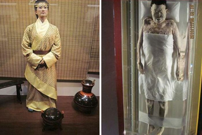 Left side shows a historical figure dressed in traditional clothing; right side displays a preserved body in a glass case, terrifying photos.