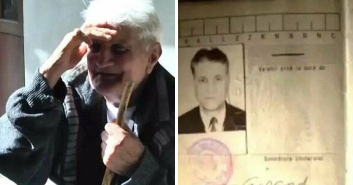Elderly man holding a stick next to an old identification document in a series of terrifying photos and stories.