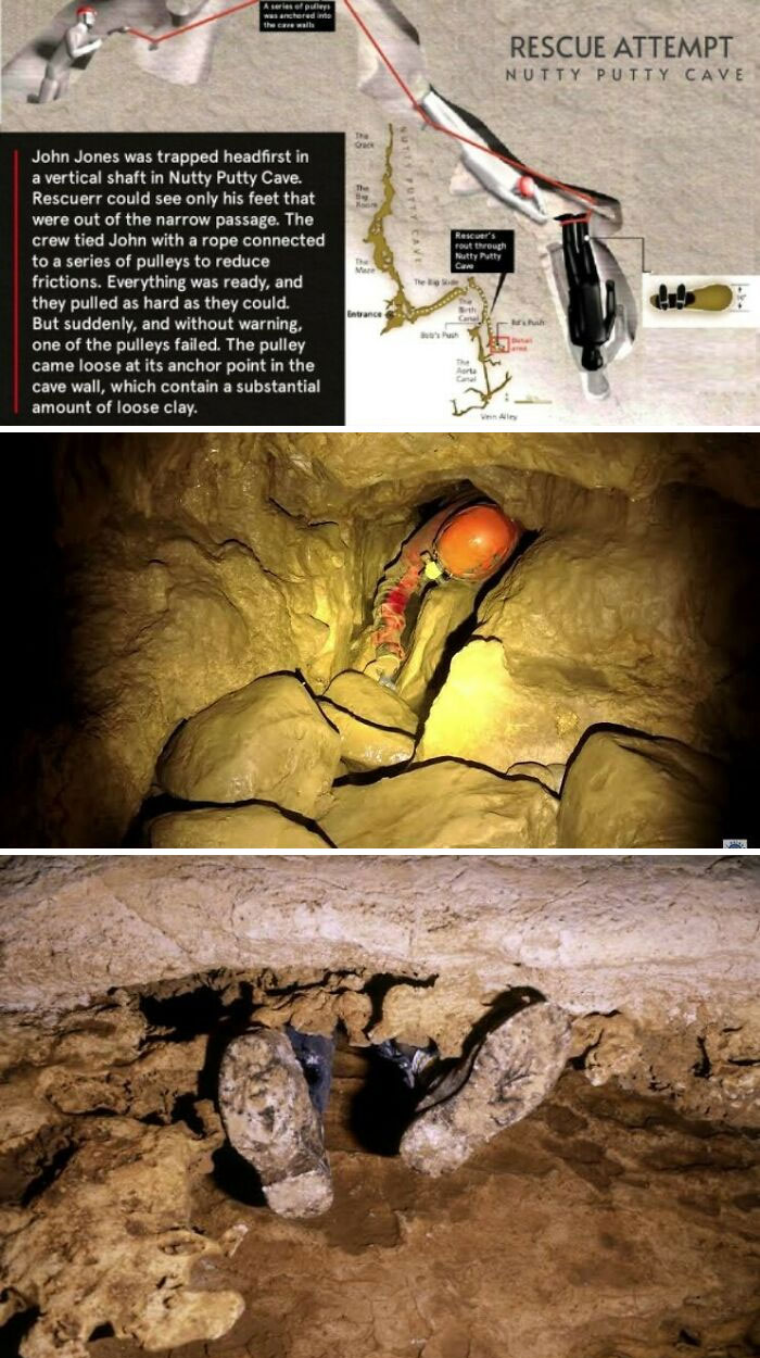 Rescue attempt in a narrow cave shaft showing caver stuck and detailed cave map with pulley system for escape.