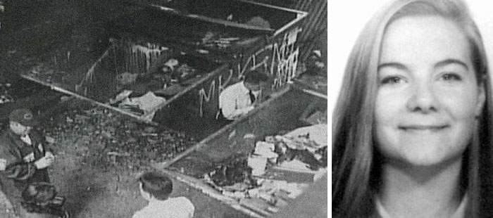 Black and white photo of a burned site with debris and a separate portrait of a woman, illustrating terrifying photos.
