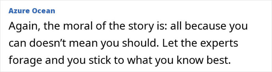 Text excerpt from Azure Ocean emphasizing caution and expertise in foraging, linked to wealthy-favored superfood ALS discussion.