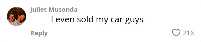 Screenshot of a social media comment from Juliet Musonda saying she sold her car amid RaptureTok viral prediction fallout.