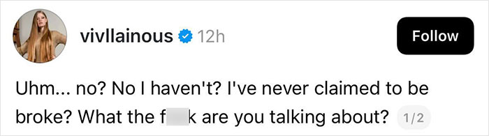 Elon Musk’s transgender daughter responds to claims about being broke and living with roommates in a social media post. Elon Musk’s transgender daughter responds to claims about being broke and living with roommates in a social media post.