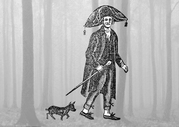 Black and white illustration of a man in vintage clothing walking a small dog, highlighting real life bizarre moments.