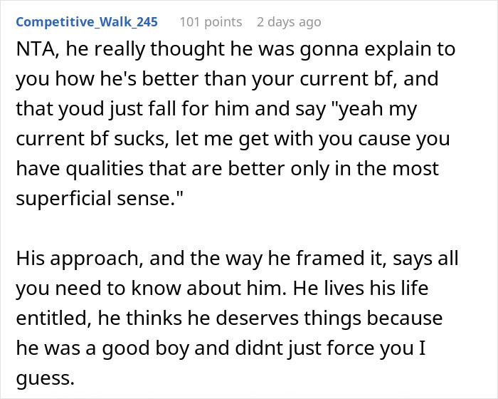 Text post discussing a guy telling an old friend she should date him instead of her boyfriend because he&rsquo;s tall.