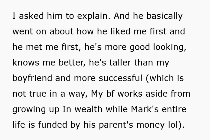 Text excerpt discussing a guy telling an old friend she should date him because he&rsquo;s taller than her boyfriend.