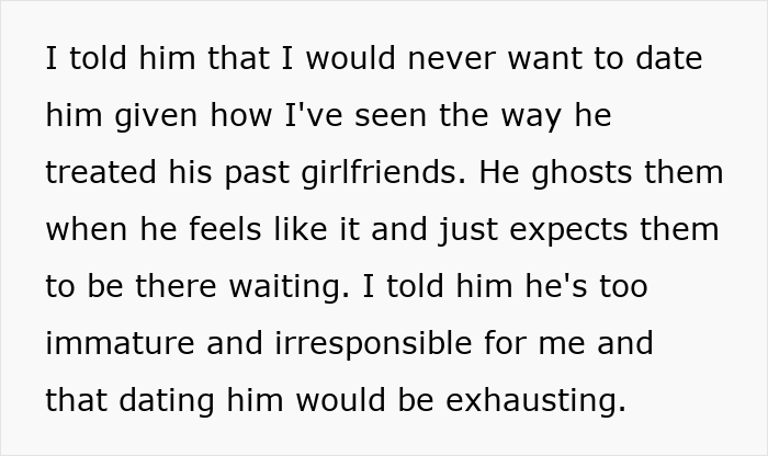 Text discussing a guy telling an old friend she should date him for being tall, and his emotional reaction after she says no.