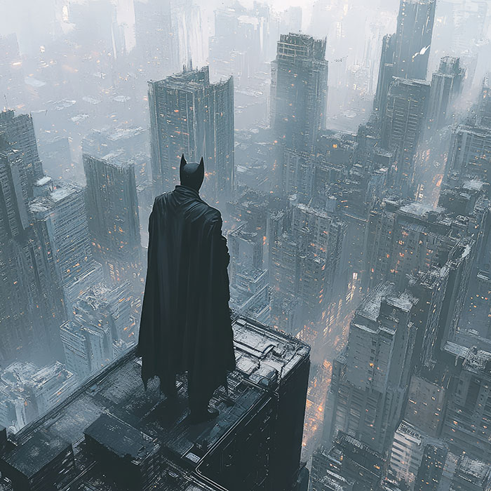 Dark vigilante overlooking a foggy cityscape, symbolizing lies that changed someone else’s life dramatically.