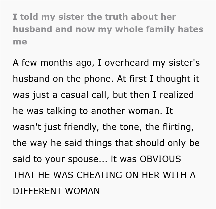 Woman exposes brother-in-law cheating on sister, sparking family conflict and divorce after overhearing suspicious phone call.