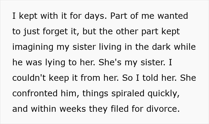 Text excerpt describing a woman exposing her brother-in-law's cheating, leading to a confrontation and divorce filing.