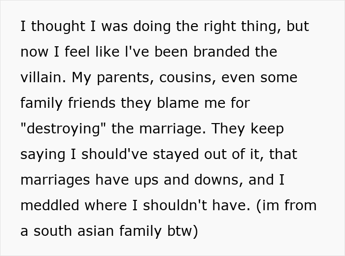 Text excerpt from a South Asian woman explaining family backlash after exposing brother-in-law cheating and sparking divorce.