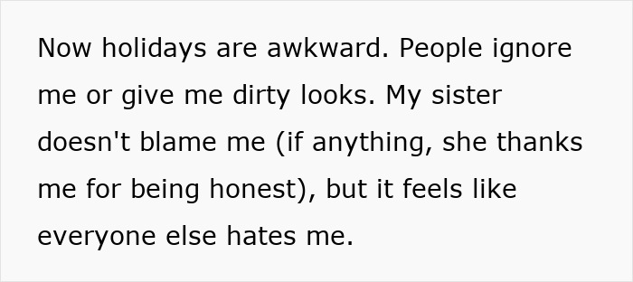 Text excerpt discussing awkward holidays after a woman exposes her brother-in-law for cheating, sparking a divorce.