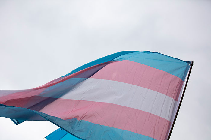 Transgender flag waving against a cloudy sky representing a dad turned trans challenging family dynamics. Transgender flag waving against a cloudy sky representing a dad turned trans challenging family dynamics.