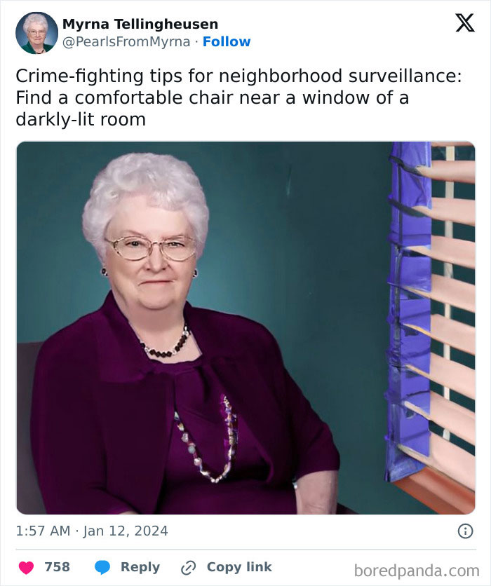 Elderly woman known as Internet’s funniest grandma sharing a witty crime-fighting tip near a window with blinds.