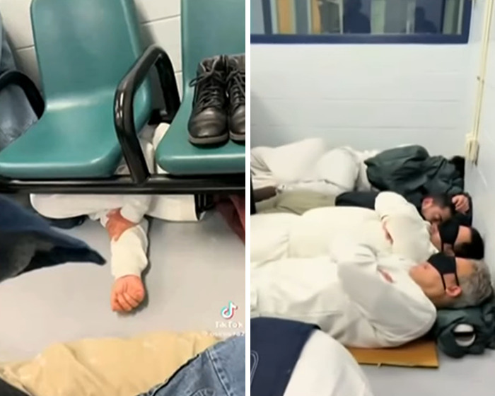 Detainees lying on the floor and under chairs in a detention center with hundreds reportedly missing from ICE records.