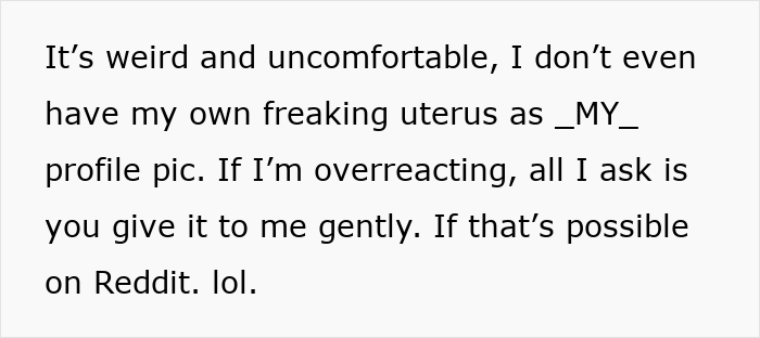 Text excerpt describing discomfort over mother-in-law hijacking pregnancy with uterus profile pic on social media.
