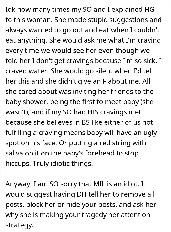 Text post detailing frustration with mother-in-law hijacking pregnancy, ignoring cravings and boundaries, harming mental health.