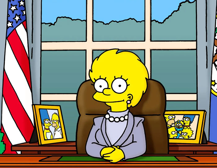 Animated character Lisa Simpson dressed as president sitting at a desk with framed family photos, illustrating bizarre historical events.