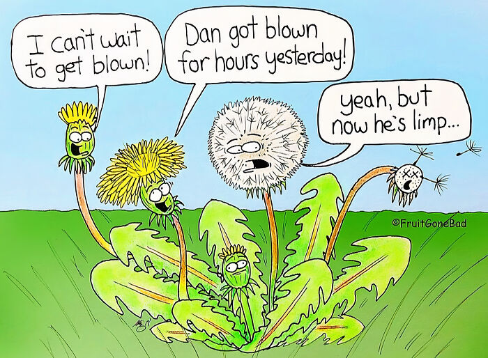 Dandelion characters in a Fruit Gone Bad comic making humorous puns about getting blown by the wind in a green field.