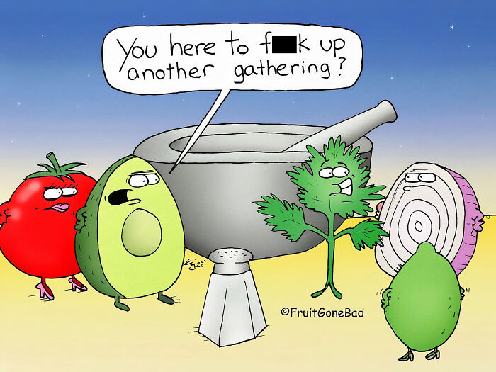 Cartoon of fruits and herbs with an avocado speaking in a comic from Fruit Gone Bad series.