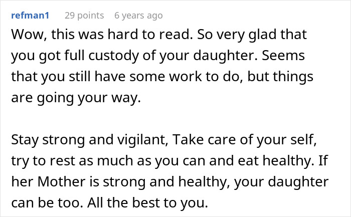 Comment expressing support for mother gaining full custody after MIL poisons toddler with essential oils and wife leaves shocked husband.