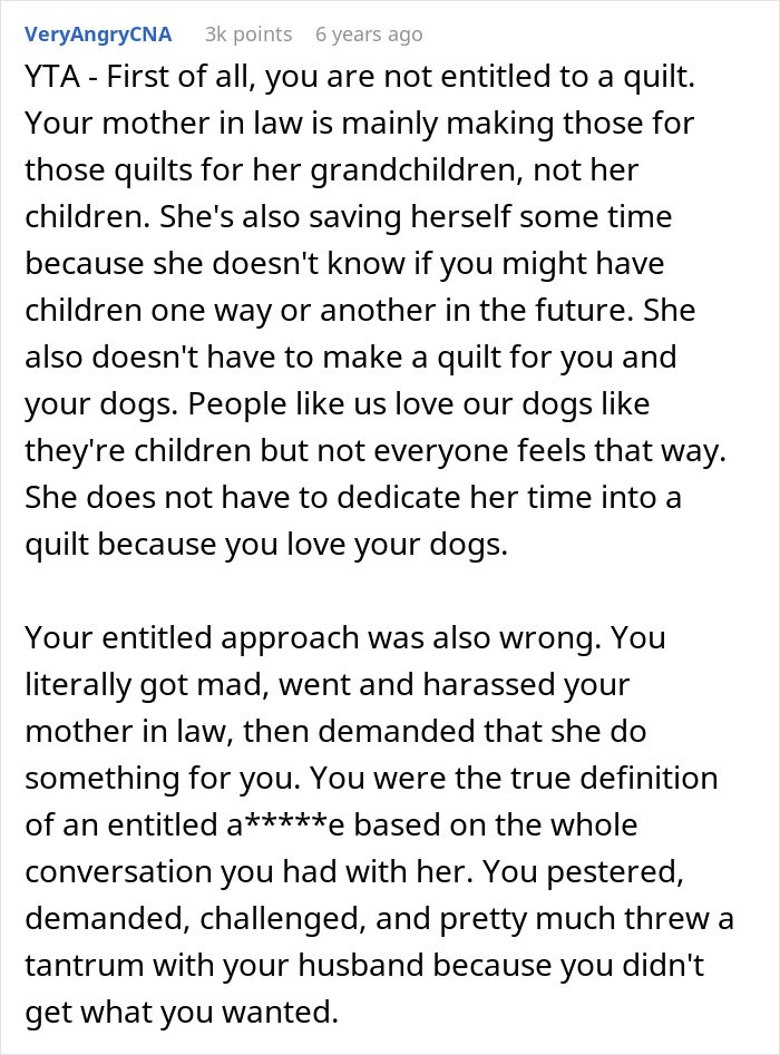 Online comment criticizing childfree woman upset about MIL refusing to make her a family quilt, with a reality check perspective. Online comment criticizing childfree woman upset about MIL refusing to make her a family quilt, with a reality check perspective.