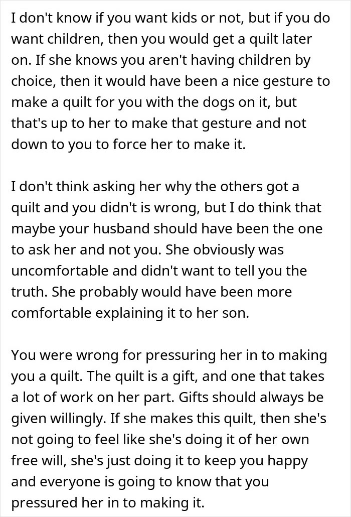Text discussing a childfree woman upset about her MIL refusing to make her a family quilt and the online reality check she received. Text discussing a childfree woman upset about her MIL refusing to make her a family quilt and the online reality check she received.
